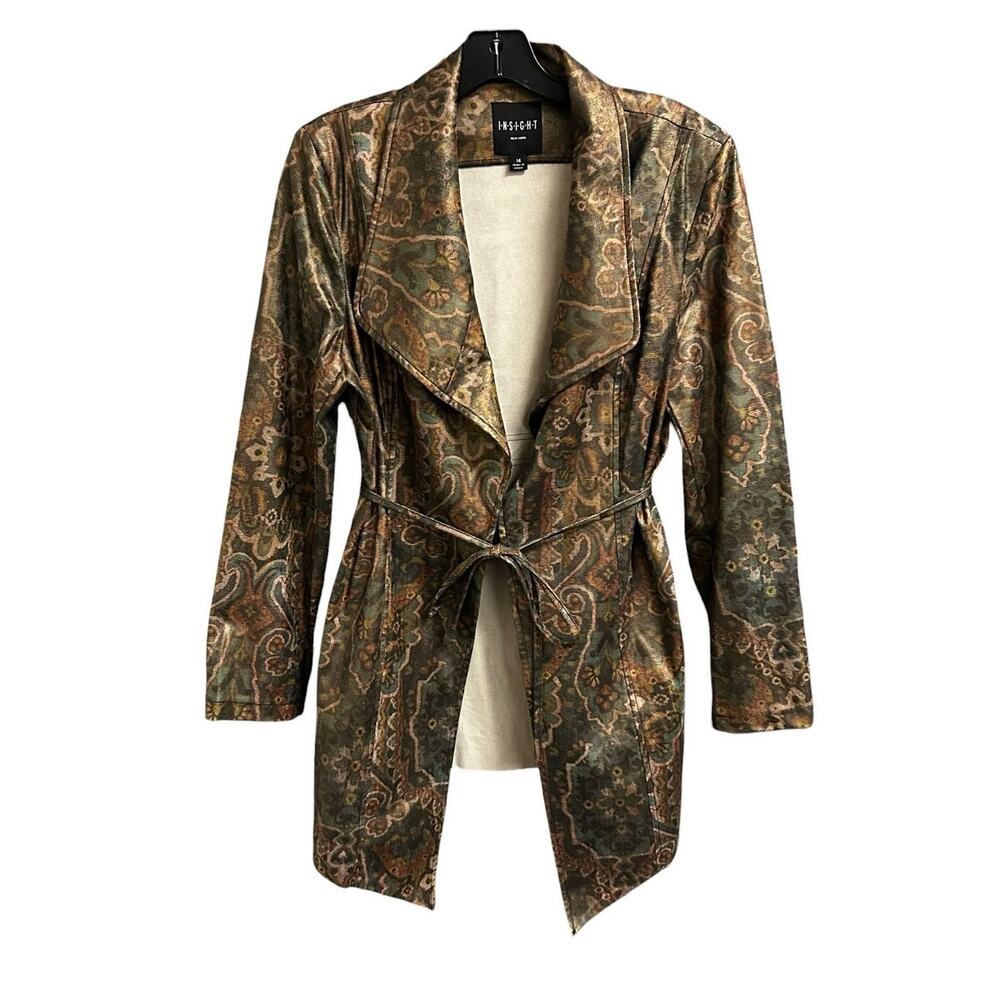 Insight New York Metallic Brown Green Paisley Vegan Leather Jacket Womens 14